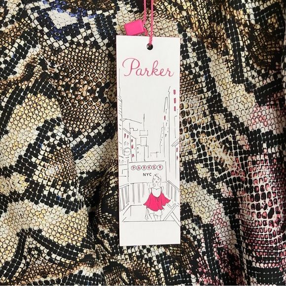 Parker Gladis Snakeskin Print Silk Ruffle Detail Dress Size Med NWT - Picture 10 of 12